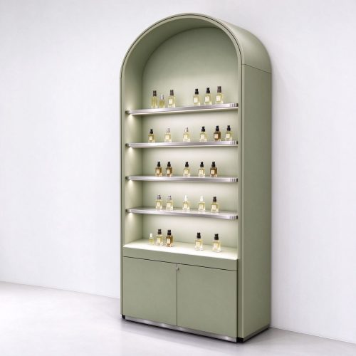 Olive green arched perfume display rack right 45 angle with metal shelves