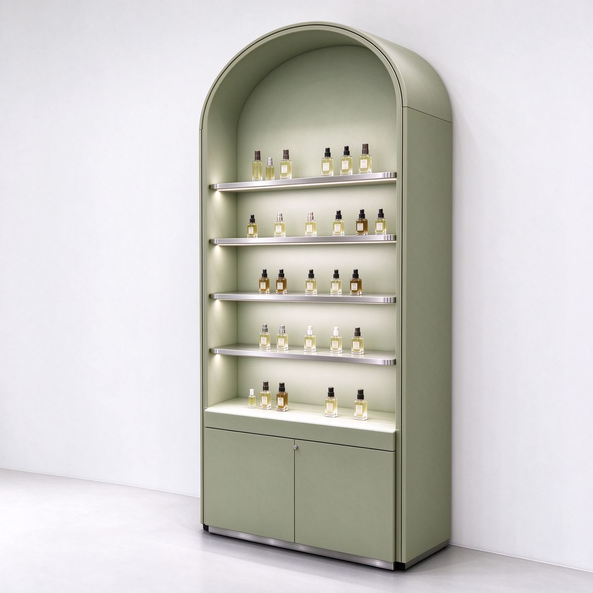 Olive green arched perfume display rack right 45 angle with metal shelves
