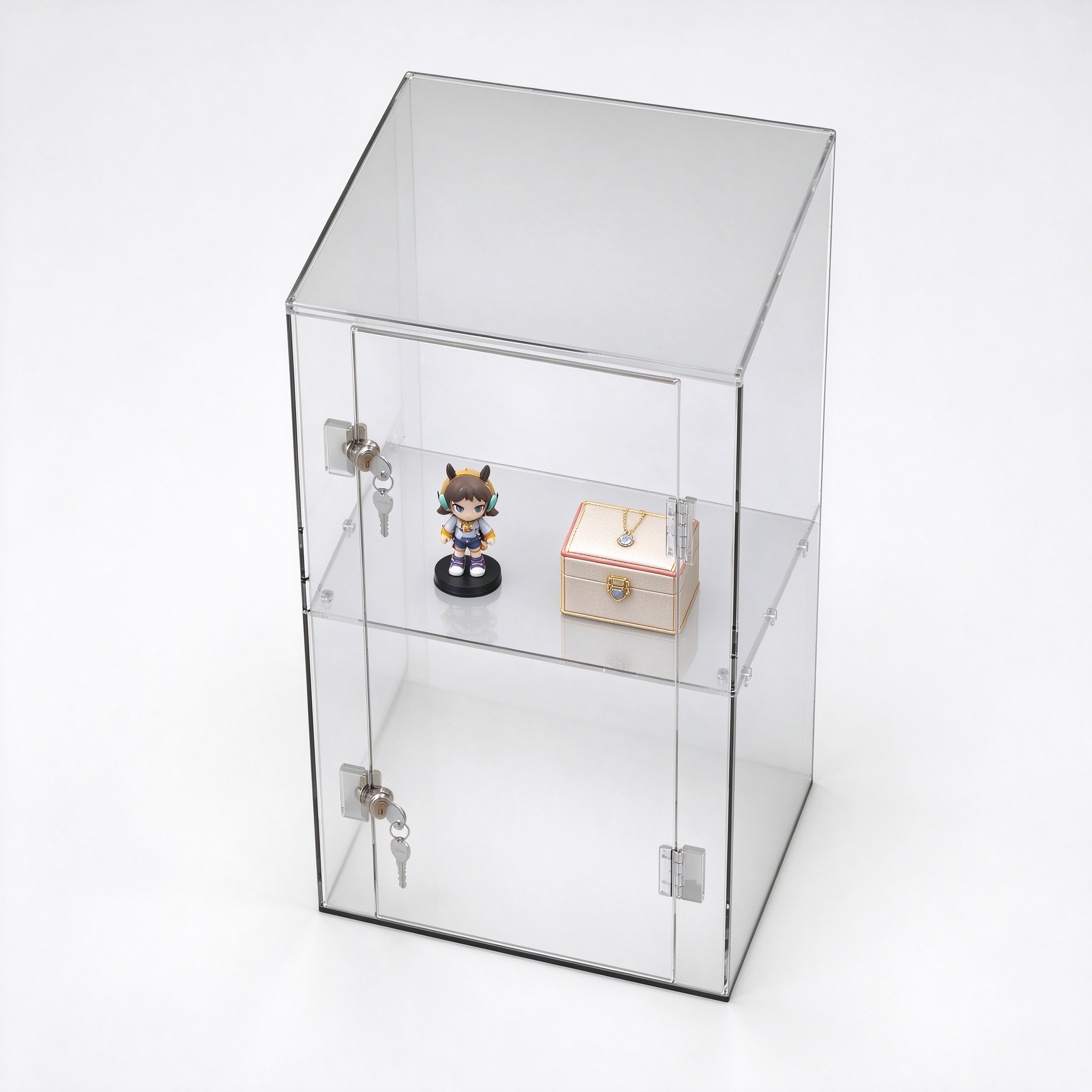 Clear acrylic lockable display case high angle top view