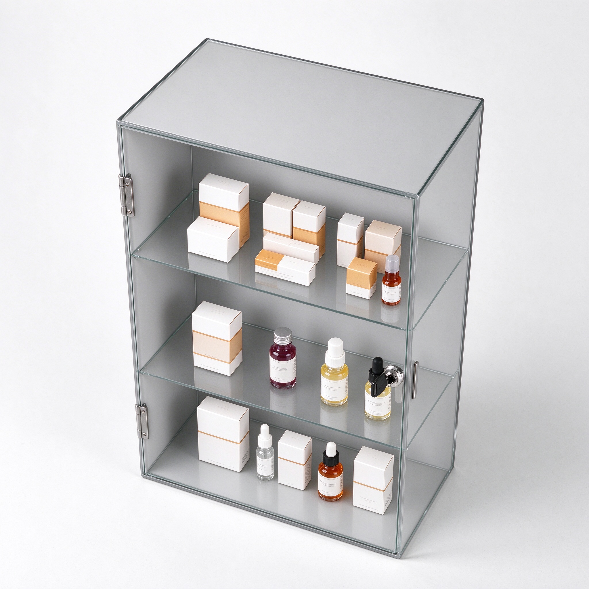 Light gray wall mounted lockable display case high angle top view
