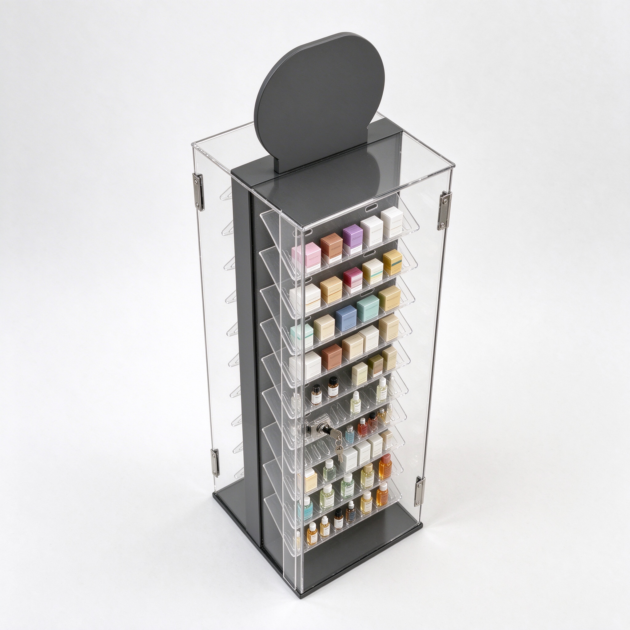 Clear acrylic lockable double-sided display tower high angle top view