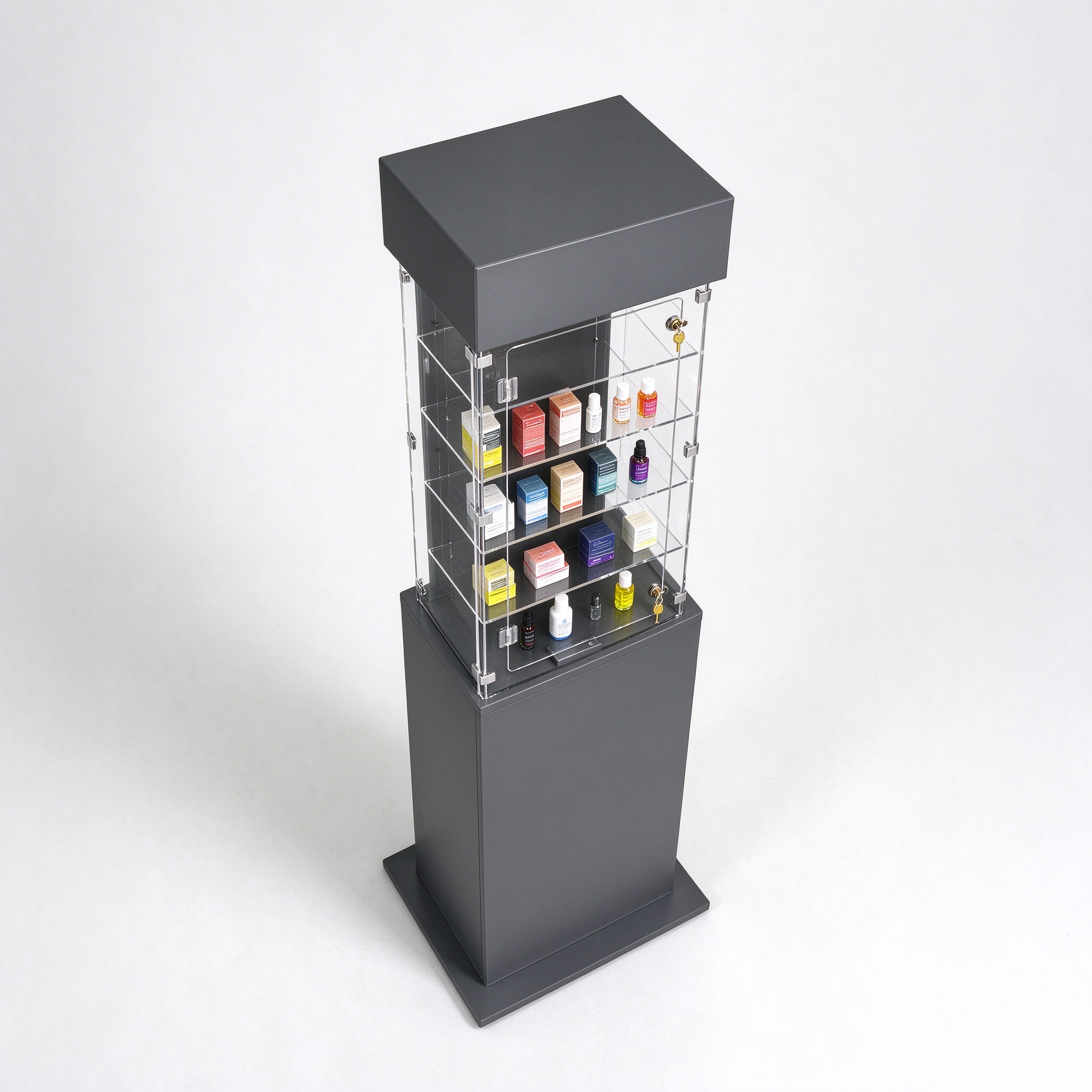 Dark gray floor standing lockable acrylic tower high angle top view