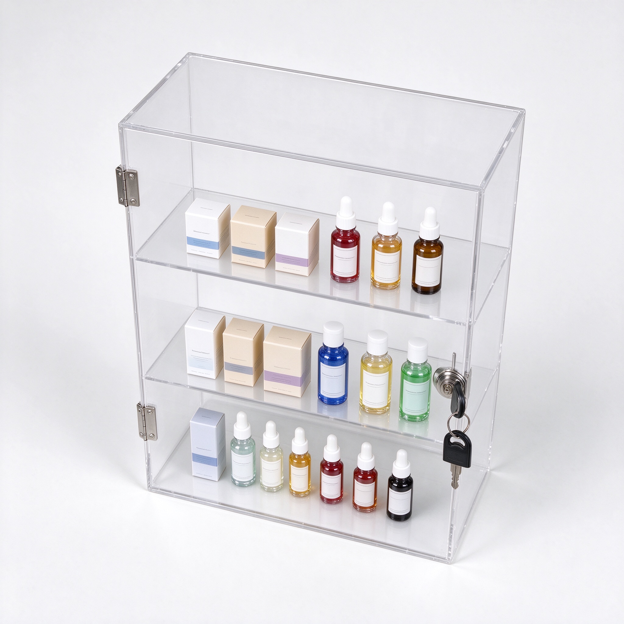 Clear acrylic wall mounted lockable display case high angle top view