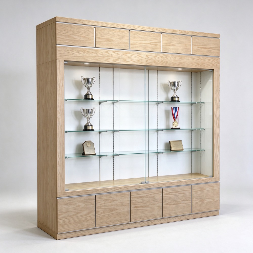 Wooden trophy display cabinet with adjustable glass shelves for office and school, left 45 degree view