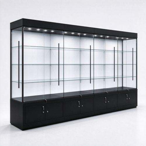 Long black metal frame trophy display cabinet with glass shelves, left 45 degree view