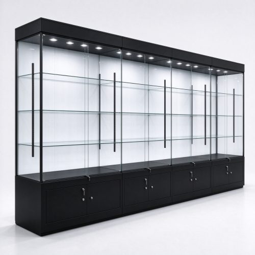 Long black metal frame trophy display cabinet with glass shelves, right 45 degree view