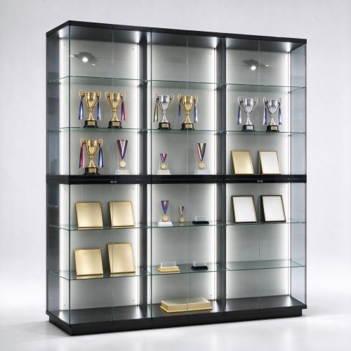 Black frame glass trophy display cabinet with trophy stands and medals, left 45 degree view