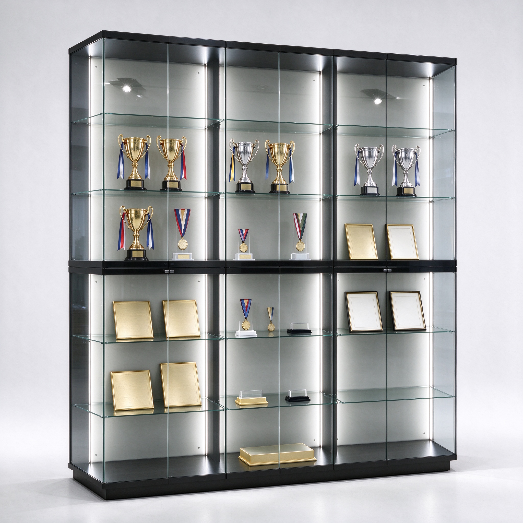 Black frame glass trophy display cabinet with trophy stands and medals, left 45 degree view