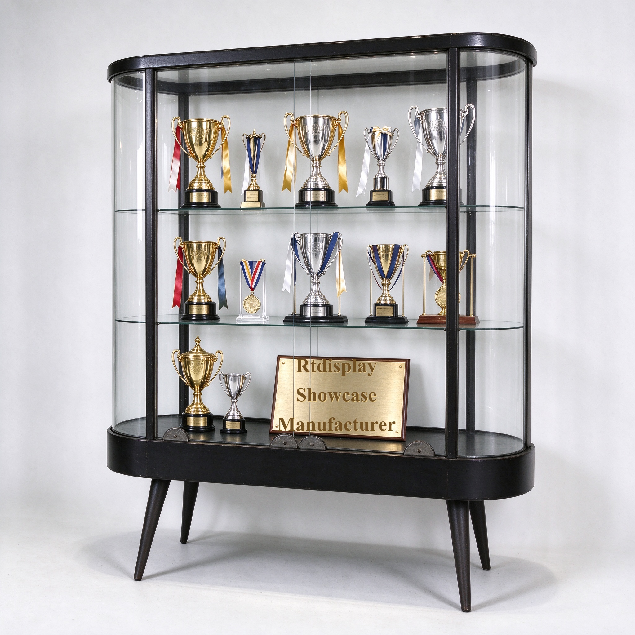 Office trophy display case with arched black frame and glass shelves, left 45 degree view