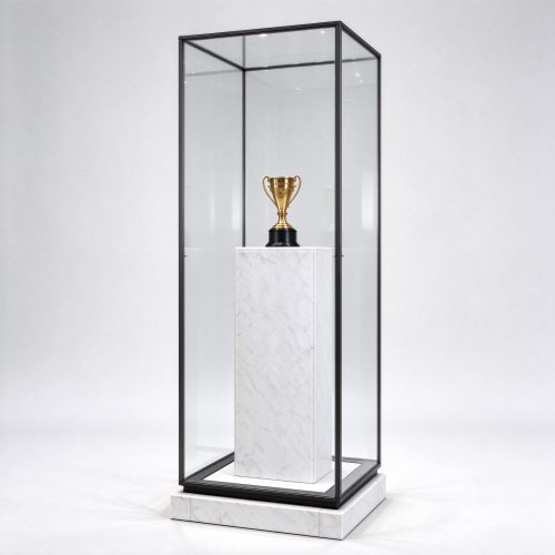 Pedestal trophy display case with single trophy on clean marble column, left 45 degree view