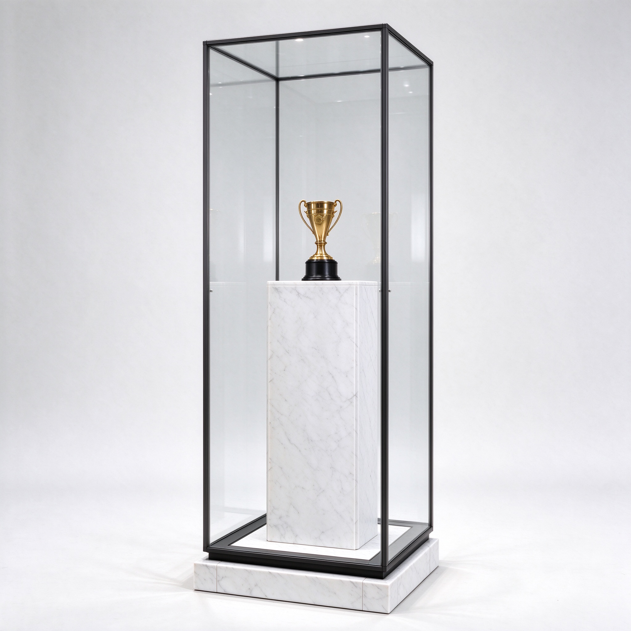 Pedestal trophy display case with single trophy on clean marble column, left 45 degree view