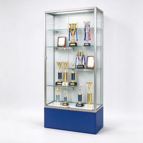 Blue trophy display cabinet for school with glass shelves and lockable base, left 45 degree view