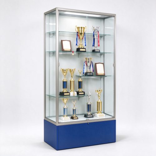Blue trophy display cabinet for school with glass shelves and lockable base, right 45 degree view
