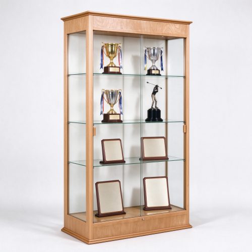 Light wood trophy display cabinet for office with glass shelves, left 45 degree view