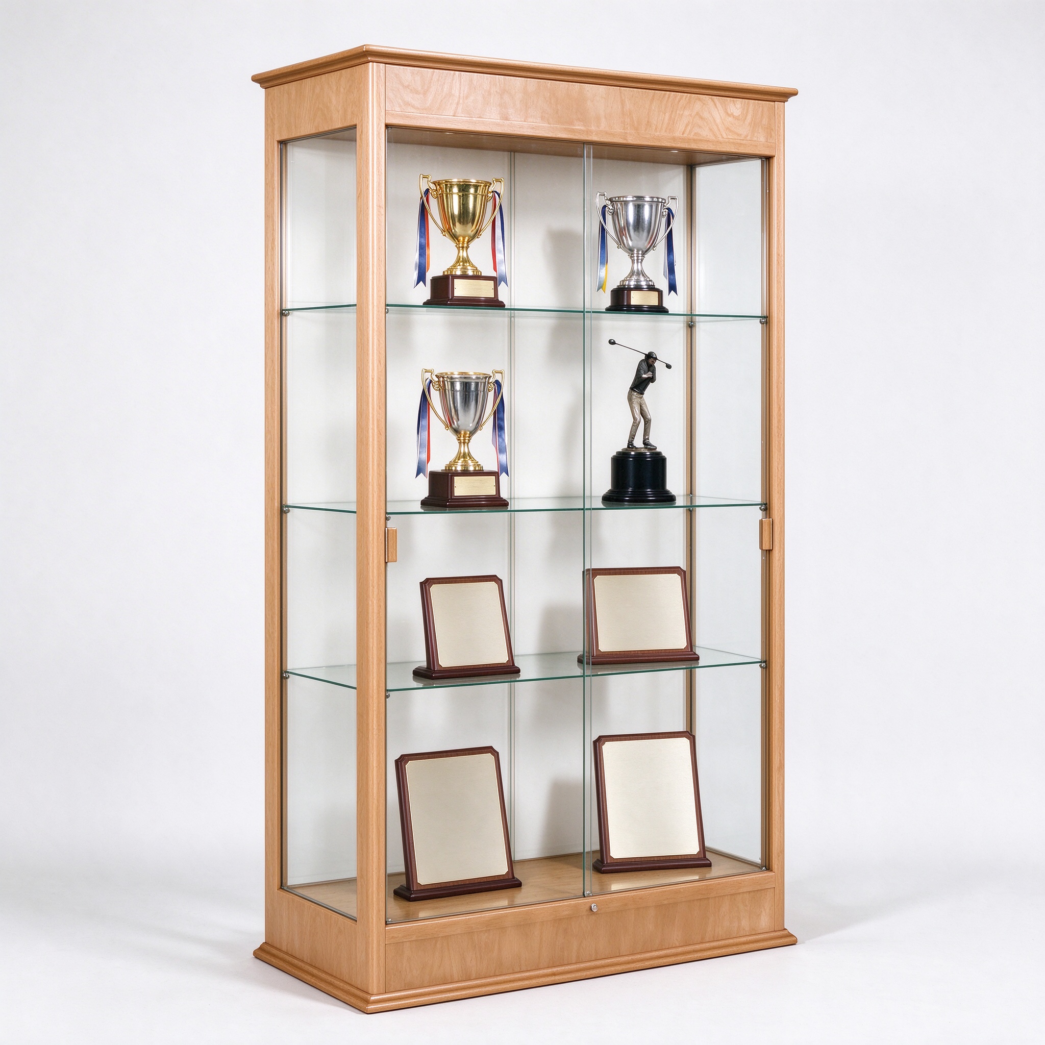 Light wood trophy display cabinet for office with glass shelves, left 45 degree view