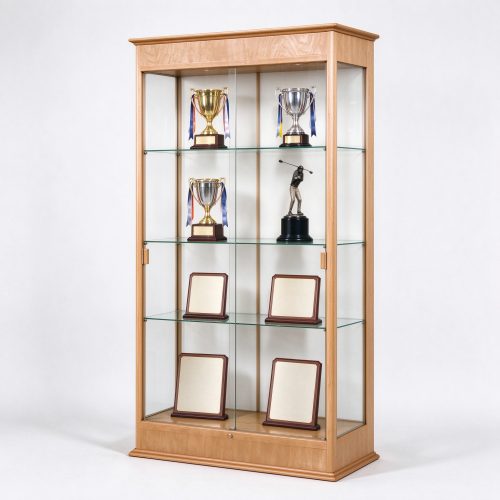 Light wood trophy display cabinet for office with glass shelves, right 45 degree view