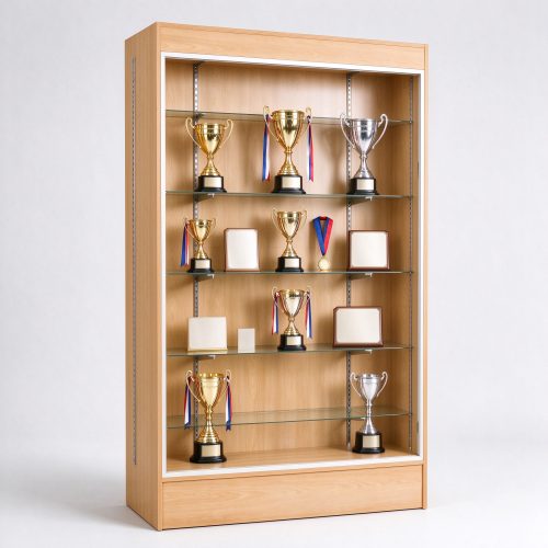 Light wood trophy display cabinet for school with adjustable glass shelves, left 45 degree view