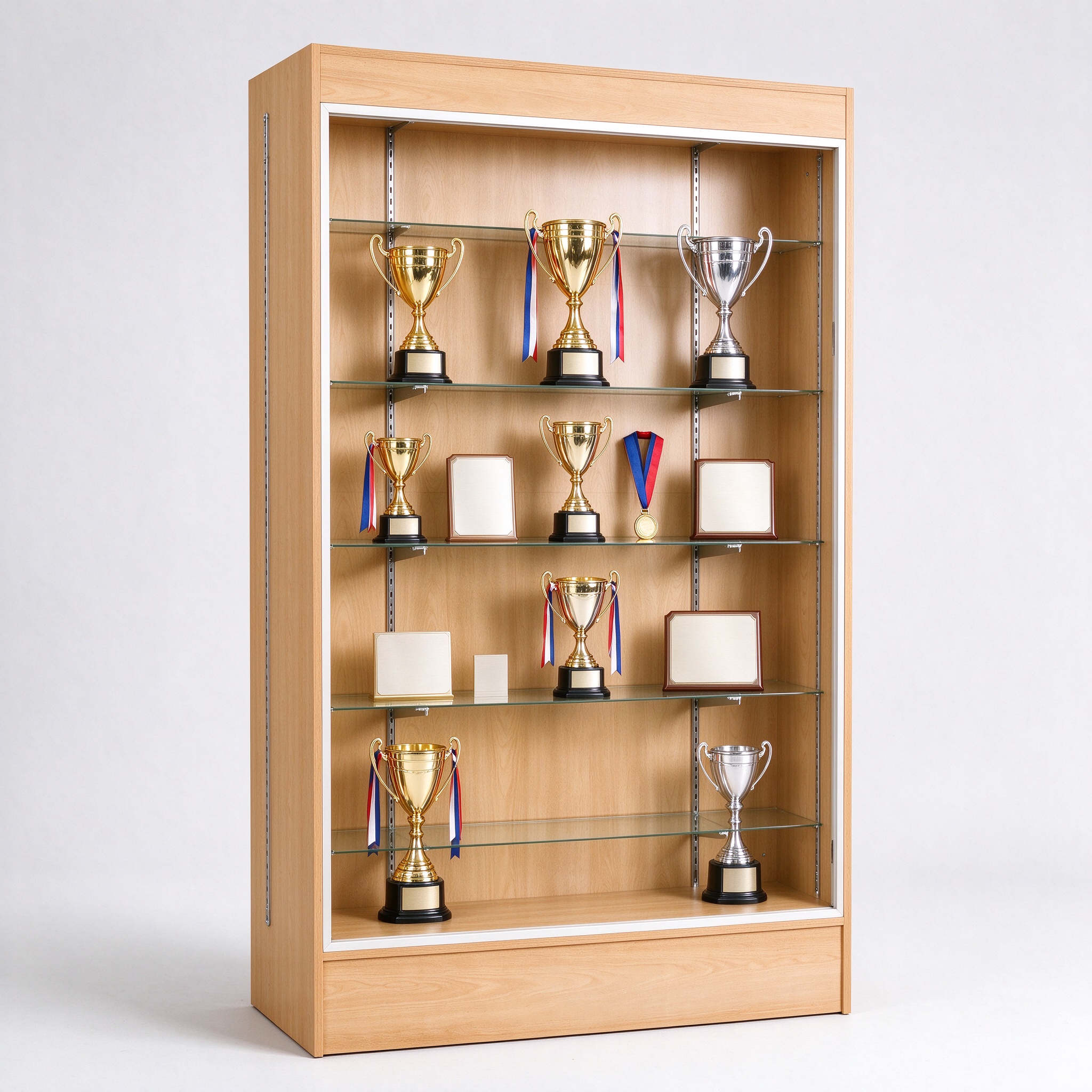 Light wood trophy display cabinet for school with adjustable glass shelves, left 45 degree view