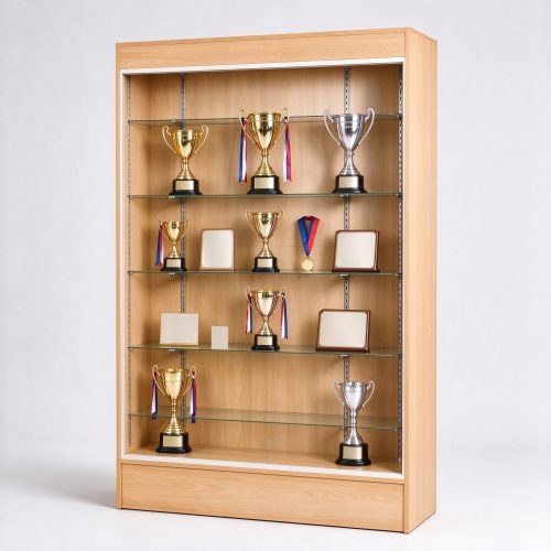 Light wood trophy display cabinet for school with adjustable glass shelves, right 45 degree view