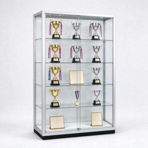 Silver frame glass trophy display cabinet for office with five shelves, left 45 degree view