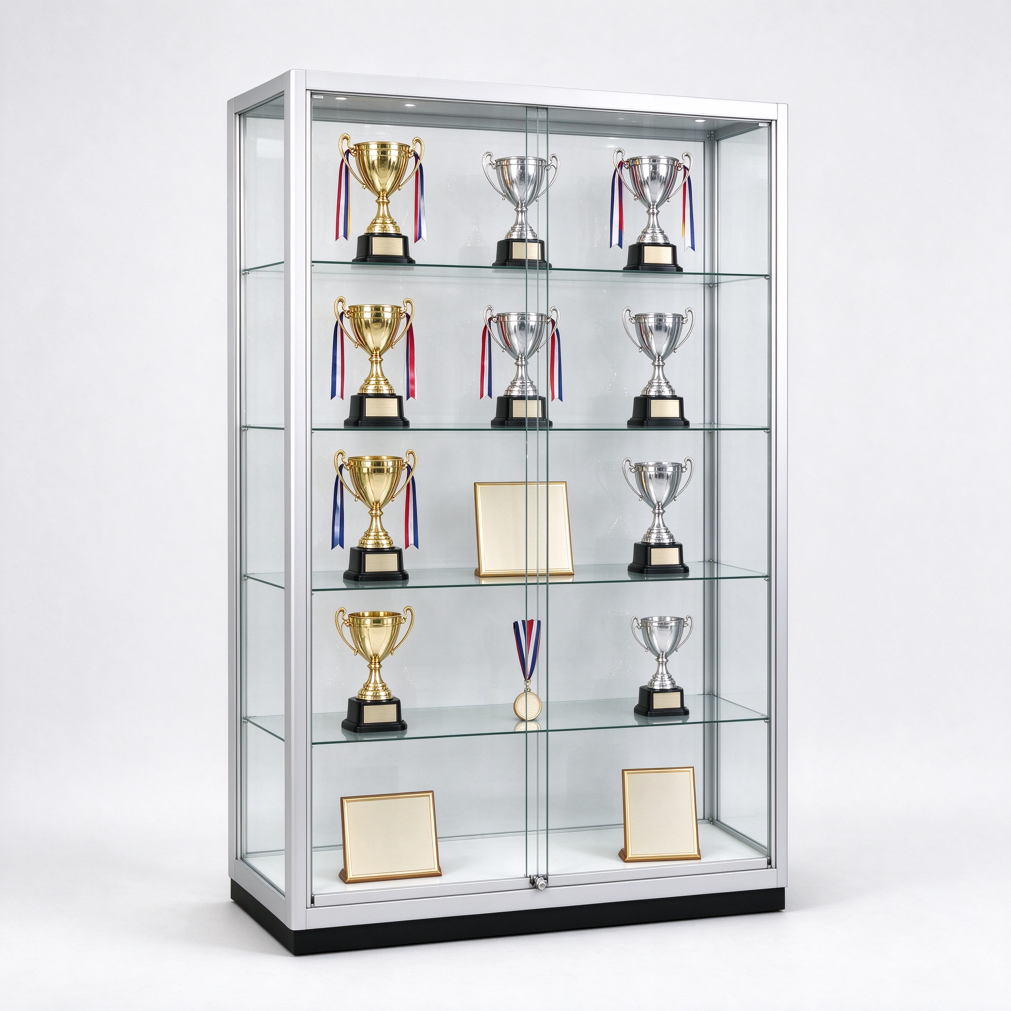 Silver frame glass trophy display cabinet for office with five shelves, left 45 degree view