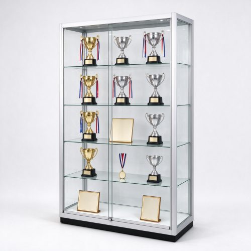 Silver frame glass trophy display cabinet for office with five shelves, right 45 degree view