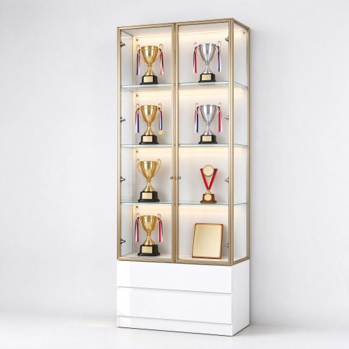 Gold frame glass trophy display cabinet for office with LED lighting, left 45 degree view