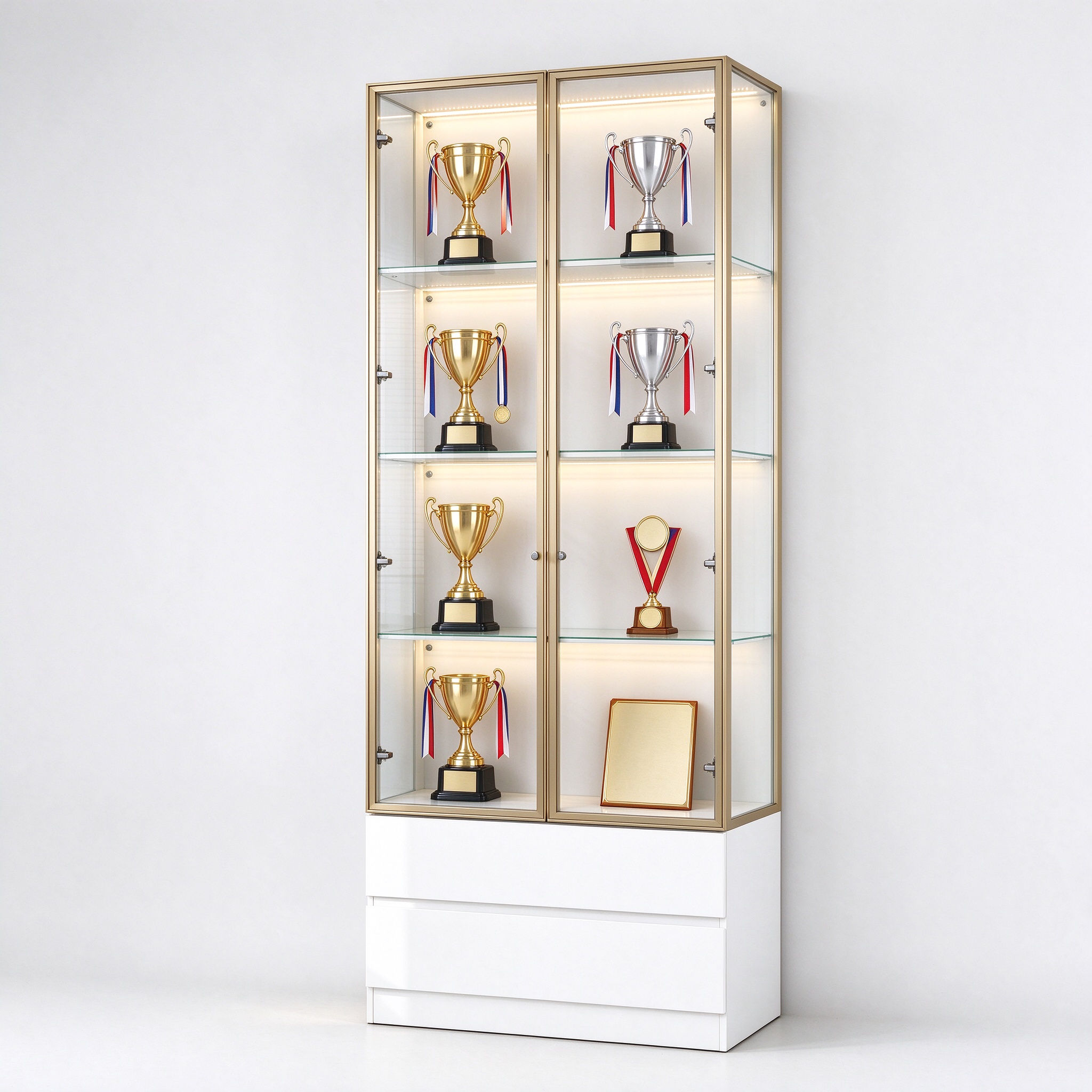 Gold frame glass trophy display cabinet for office with LED lighting, left 45 degree view