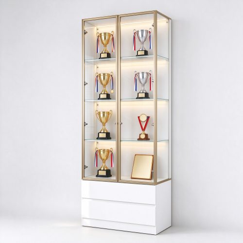 Gold frame glass trophy display cabinet for office with LED lighting, right 45 degree view