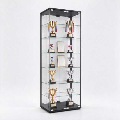 Black frame glass trophy display cabinet for school with green edge shelves, left 45 degree view