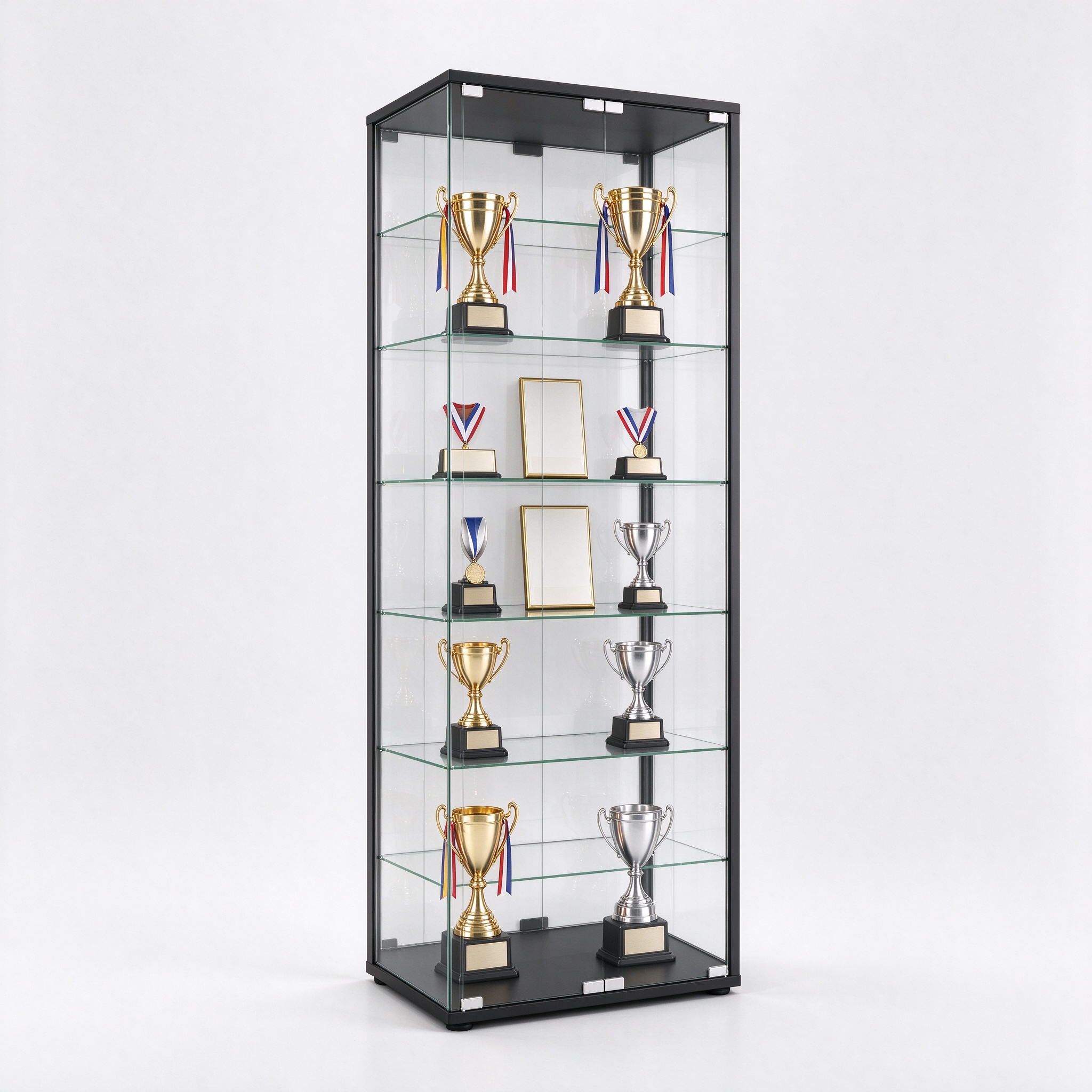 Black frame glass trophy display cabinet for school with green edge shelves, left 45 degree view