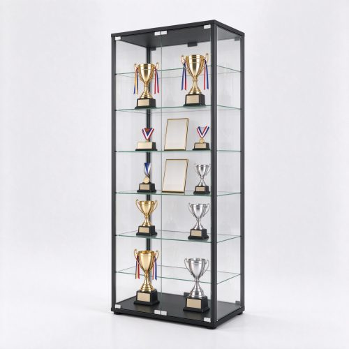 Black frame glass trophy display cabinet for school with green edge shelves, right 45 degree view