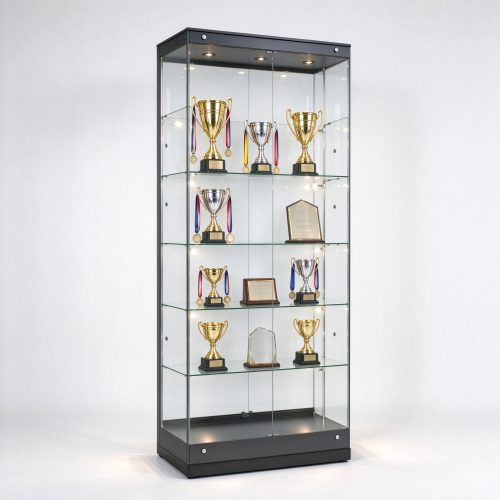Tall black frame trophy display case with glass shelves, left 45 degree view