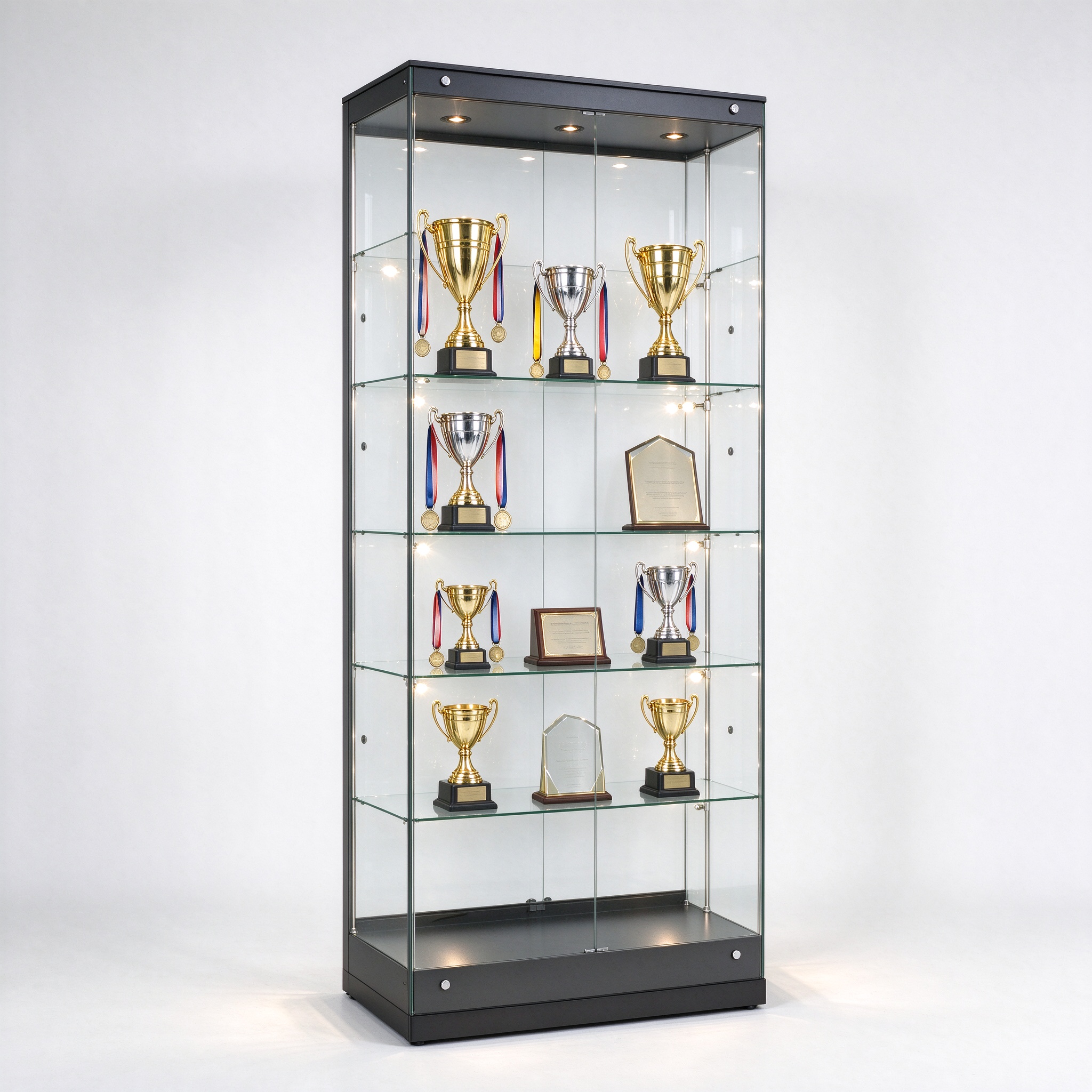 Tall black frame trophy display case with glass shelves, left 45 degree view