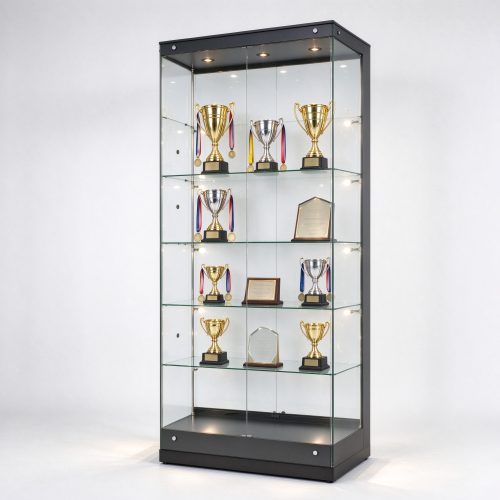 Tall black frame trophy display case with glass shelves, right 45 degree view
