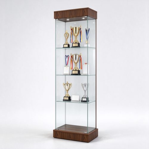 Walnut wood trophy display cabinet for office with glass shelves, left 45 degree view