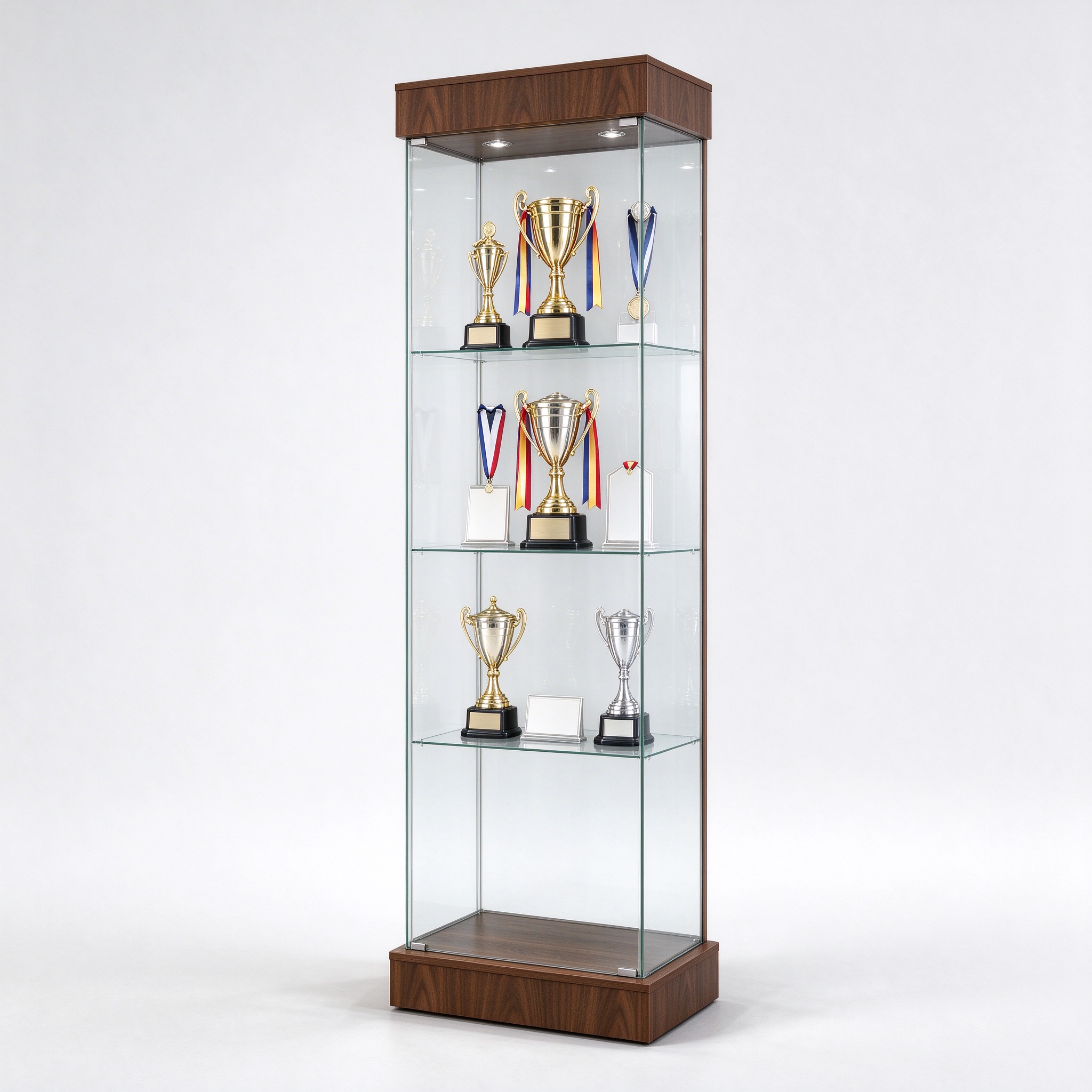 Walnut wood trophy display cabinet for office with glass shelves, left 45 degree view