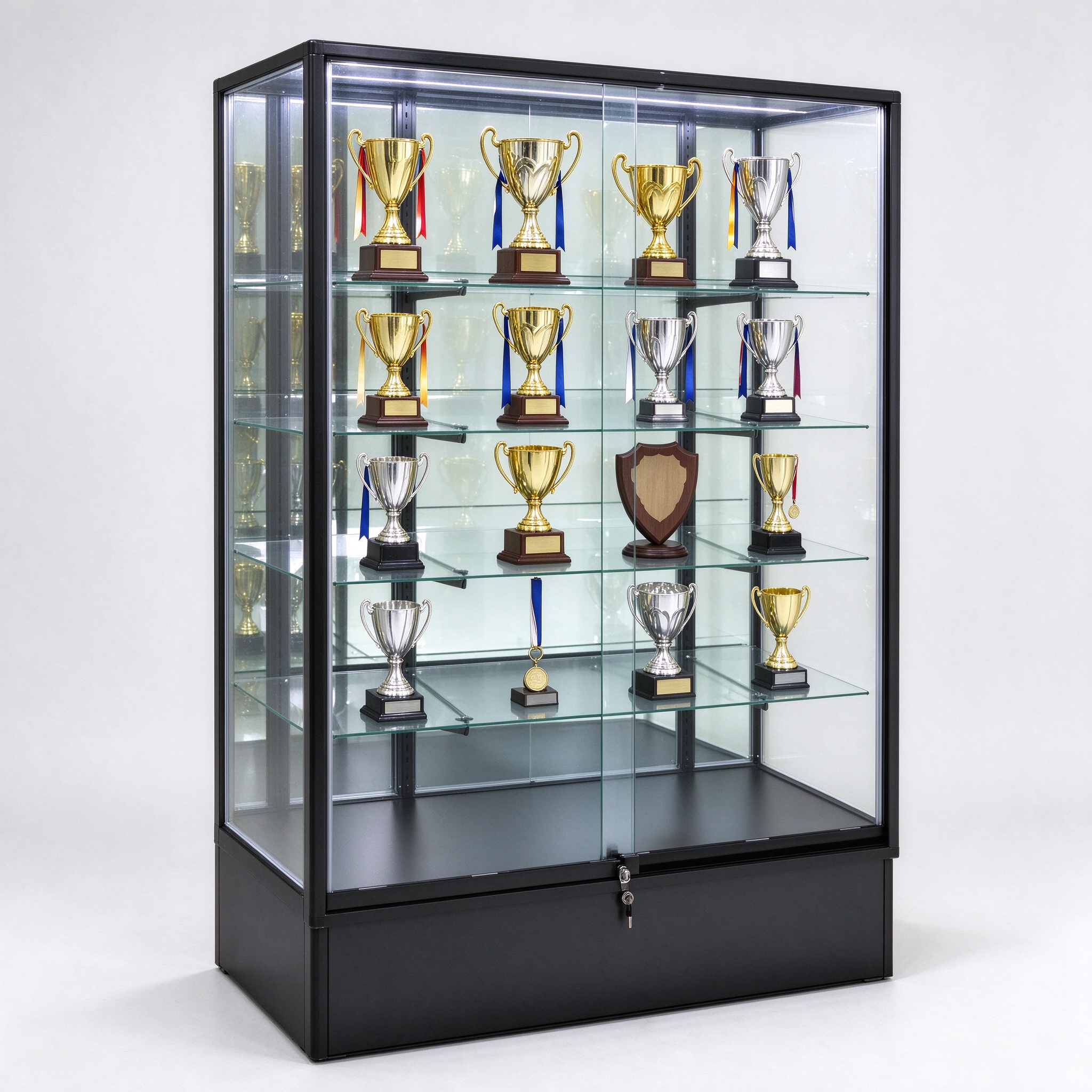 Black frame trophy display cabinet for school with mirror back, left 45 degree view
