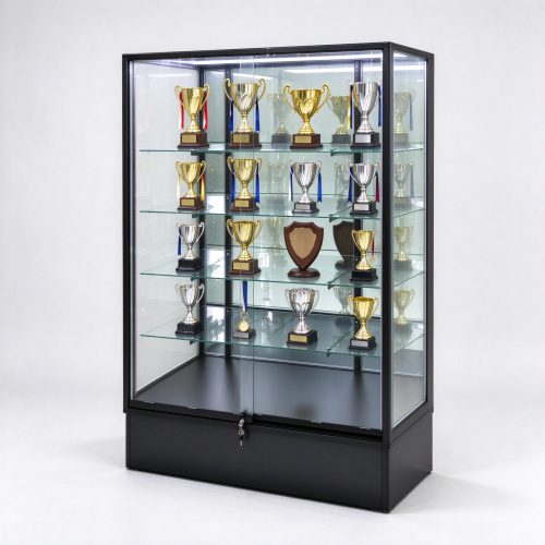 Black frame trophy display cabinet for school with mirror back, right 45 degree view