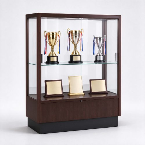 Walnut wood trophy display cabinet for office with lockable base, left 45 degree view