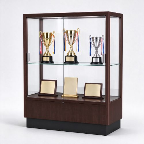 Walnut wood trophy display cabinet for office with lockable base, right 45 degree view