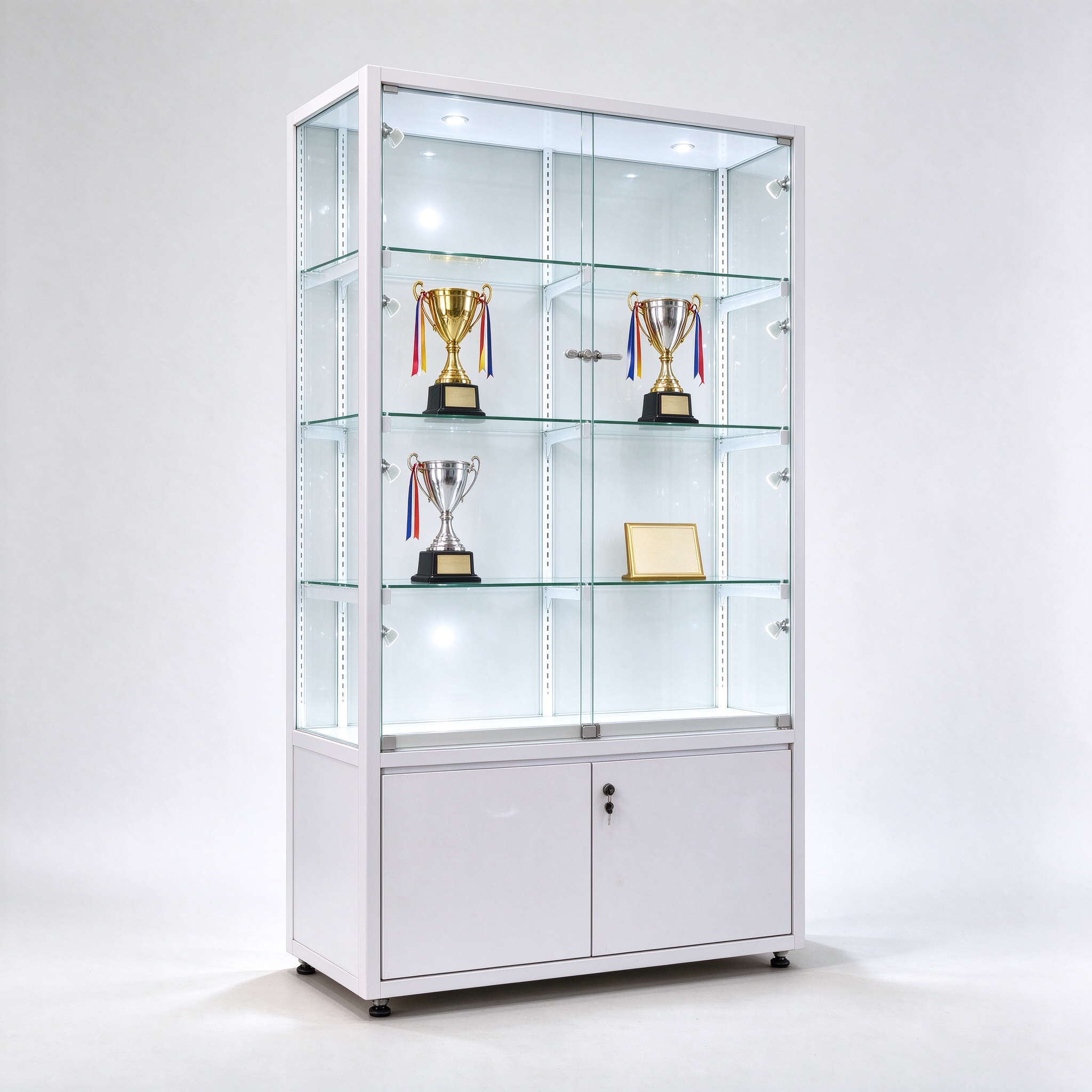 White frame glass trophy display cabinet for club and office, left 45 degree view