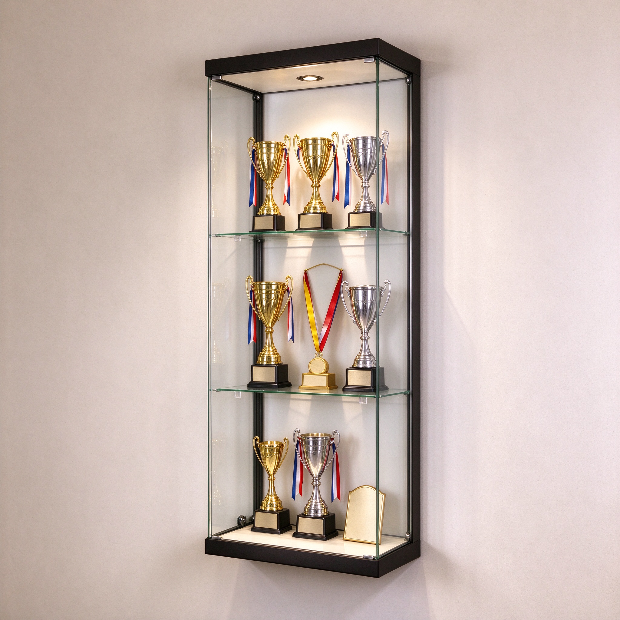 Wall mounted black frame glass trophy display case for club and office, left 45 degree view