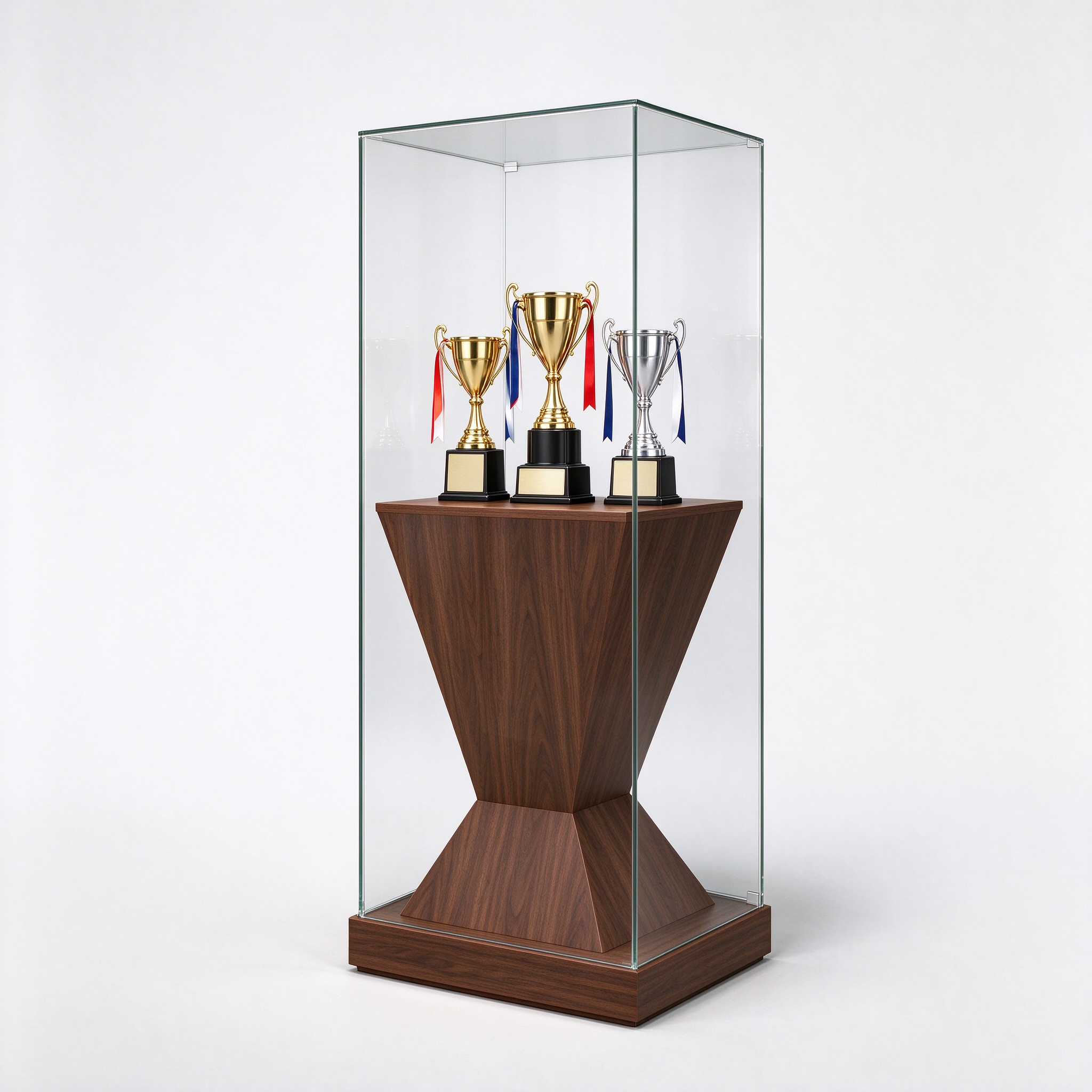 Walnut wood step display trophy case for office and club with glass enclosure, left 45 degree view