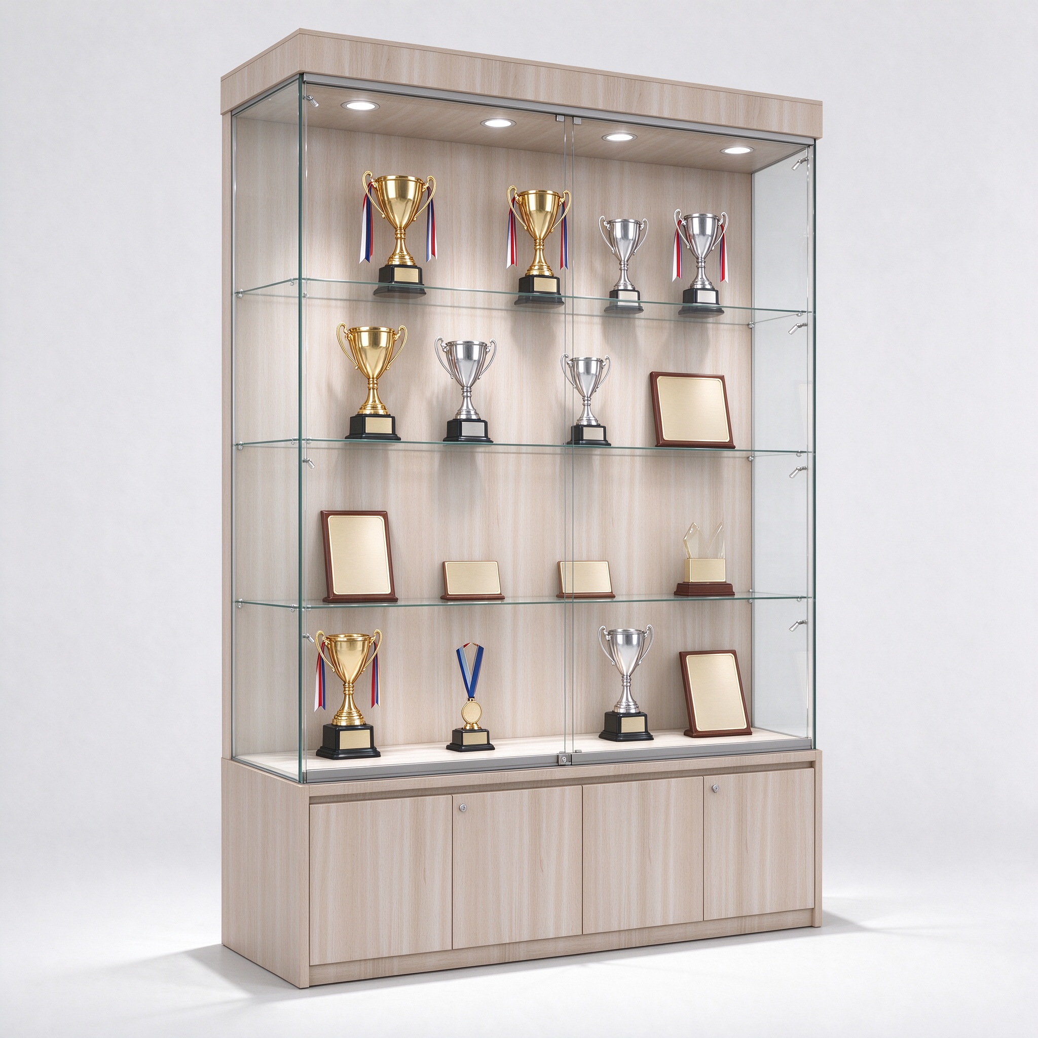 Light wood trophy display cabinet for school and office, left 45 degree view