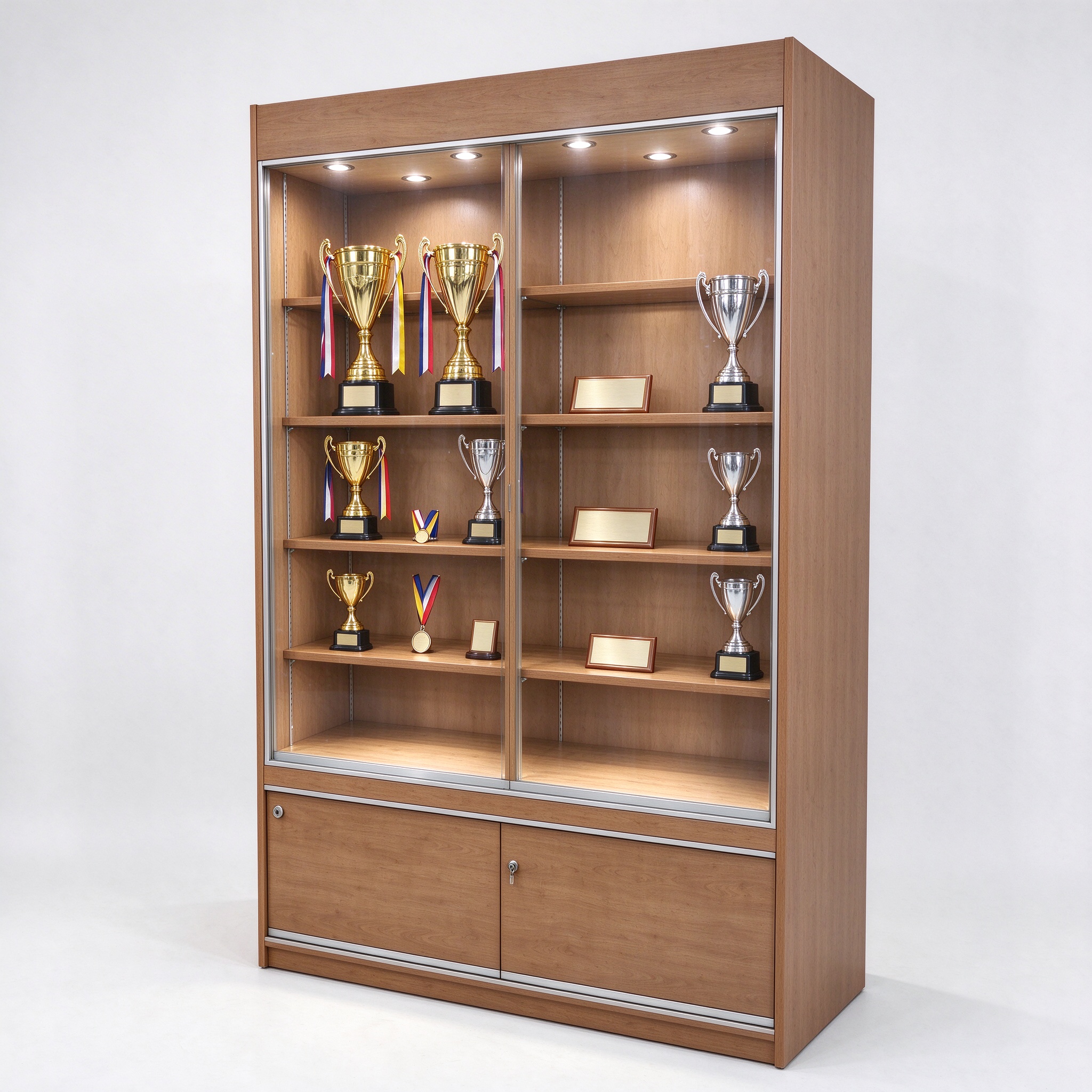 Light wood trophy display cabinet for office and club, left 45 degree view