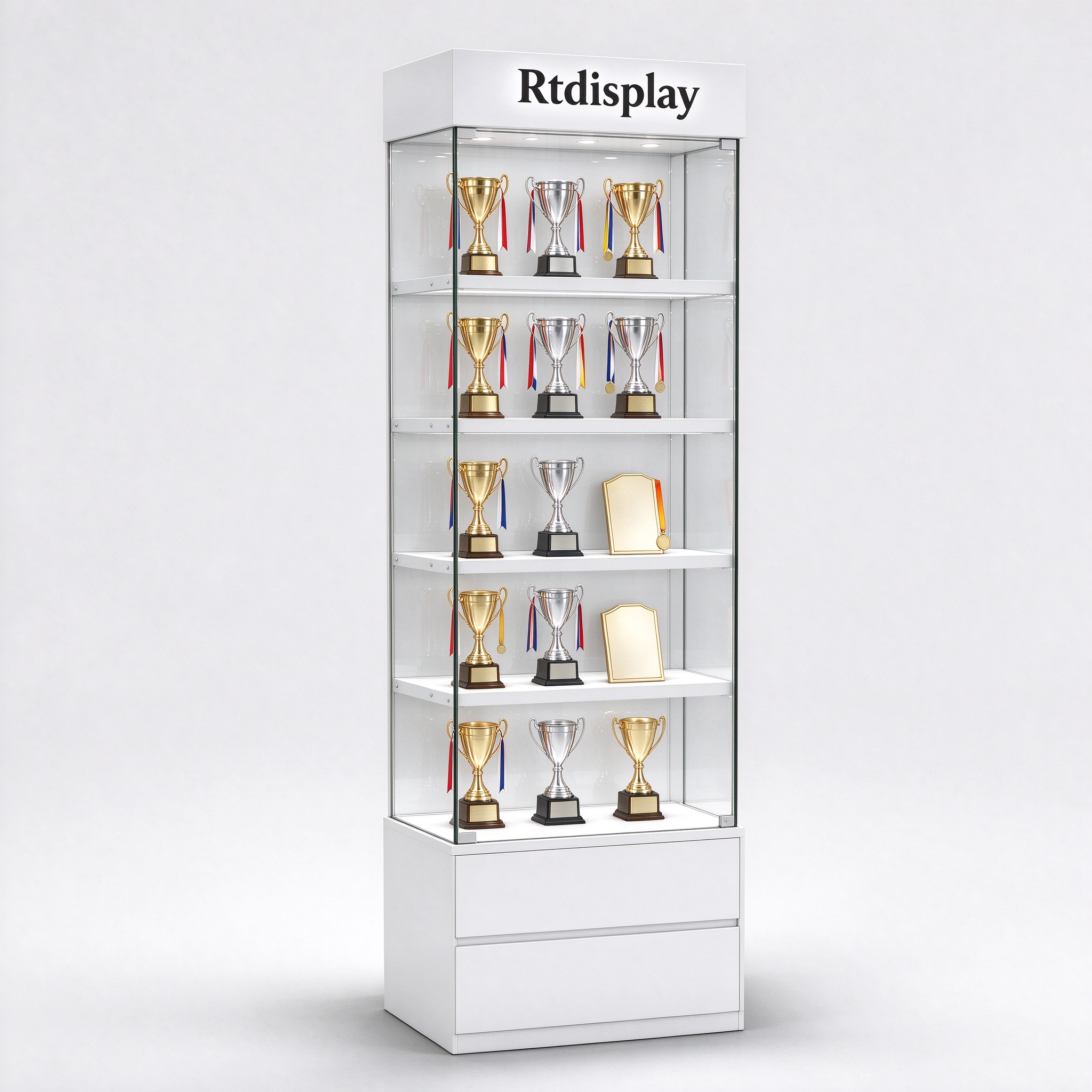 White trophy display cabinet for office and club, left 45 degree view