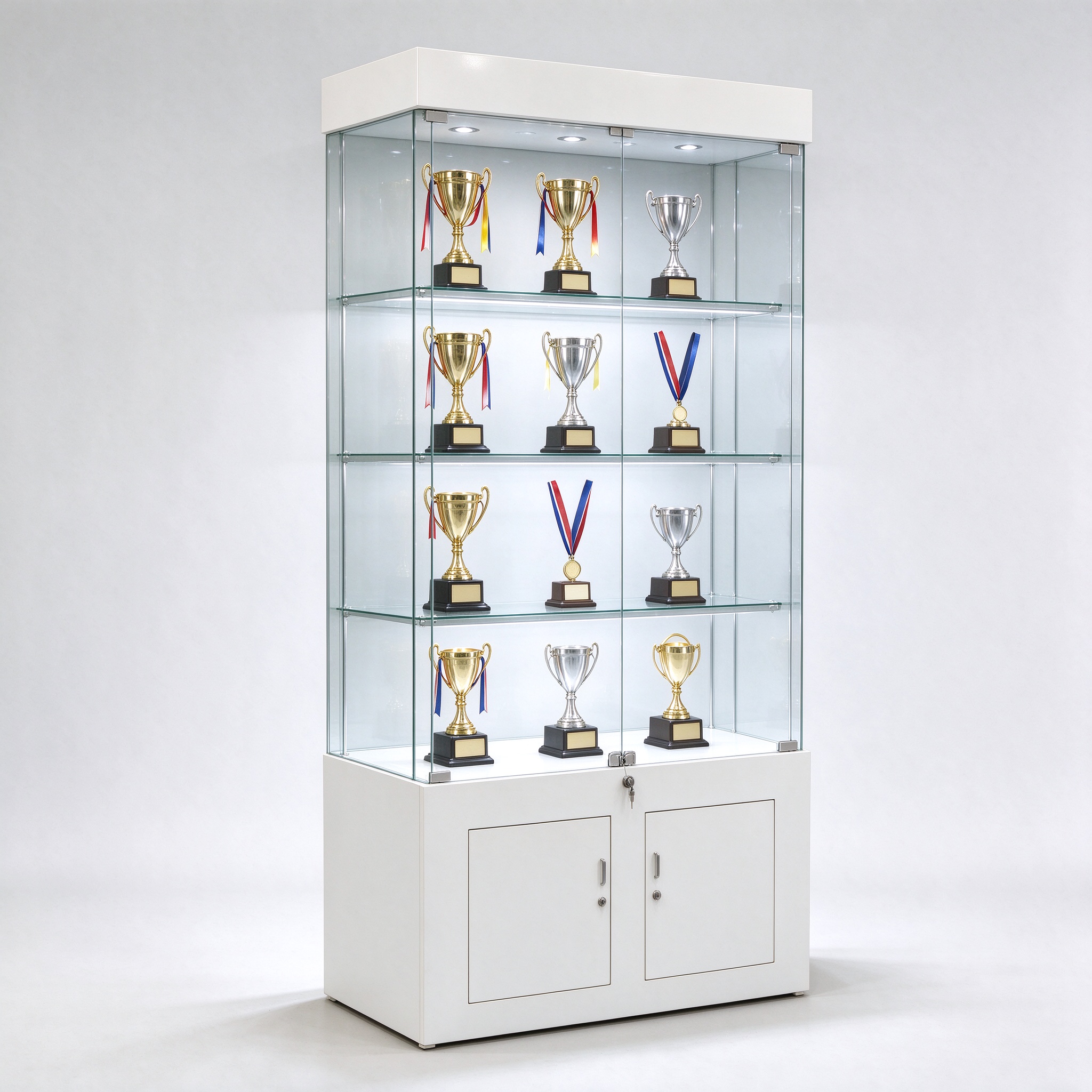 White trophy display cabinet for school and office, left 45 degree view