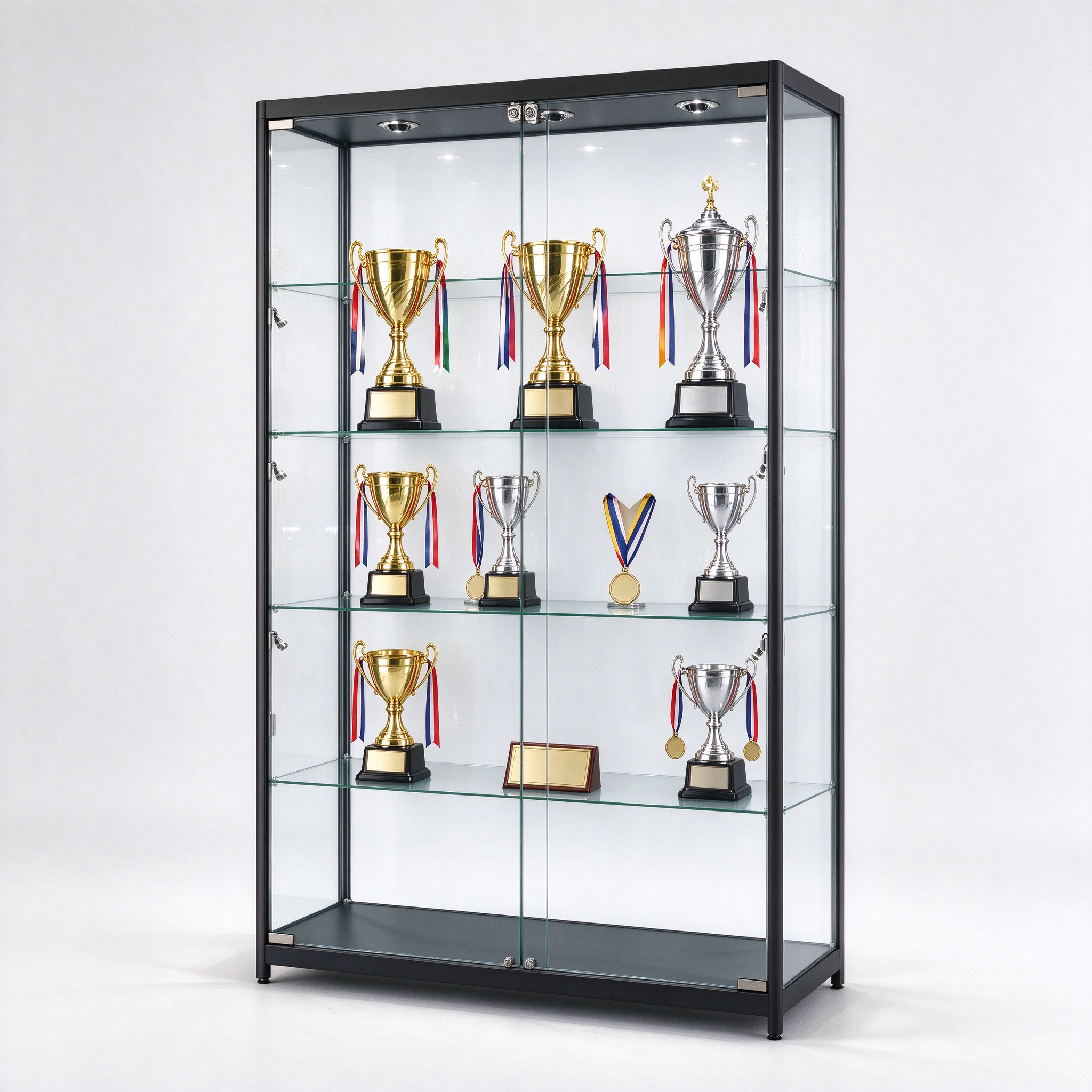 Black frame glass trophy display cabinet for school and club, left 45 degree view