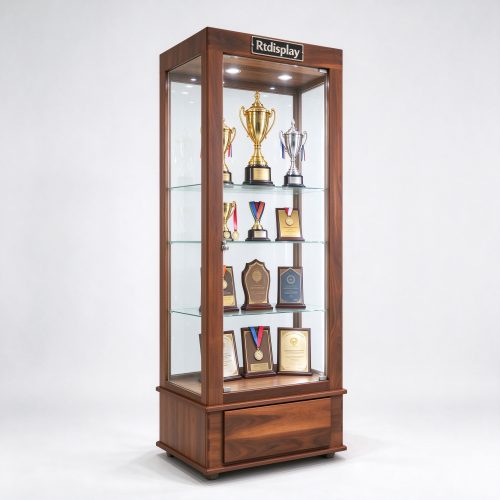 Dark brown wooden trophy display cabinet with glass shelves, left 45 degree view